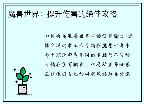 魔兽世界：提升伤害的绝佳攻略